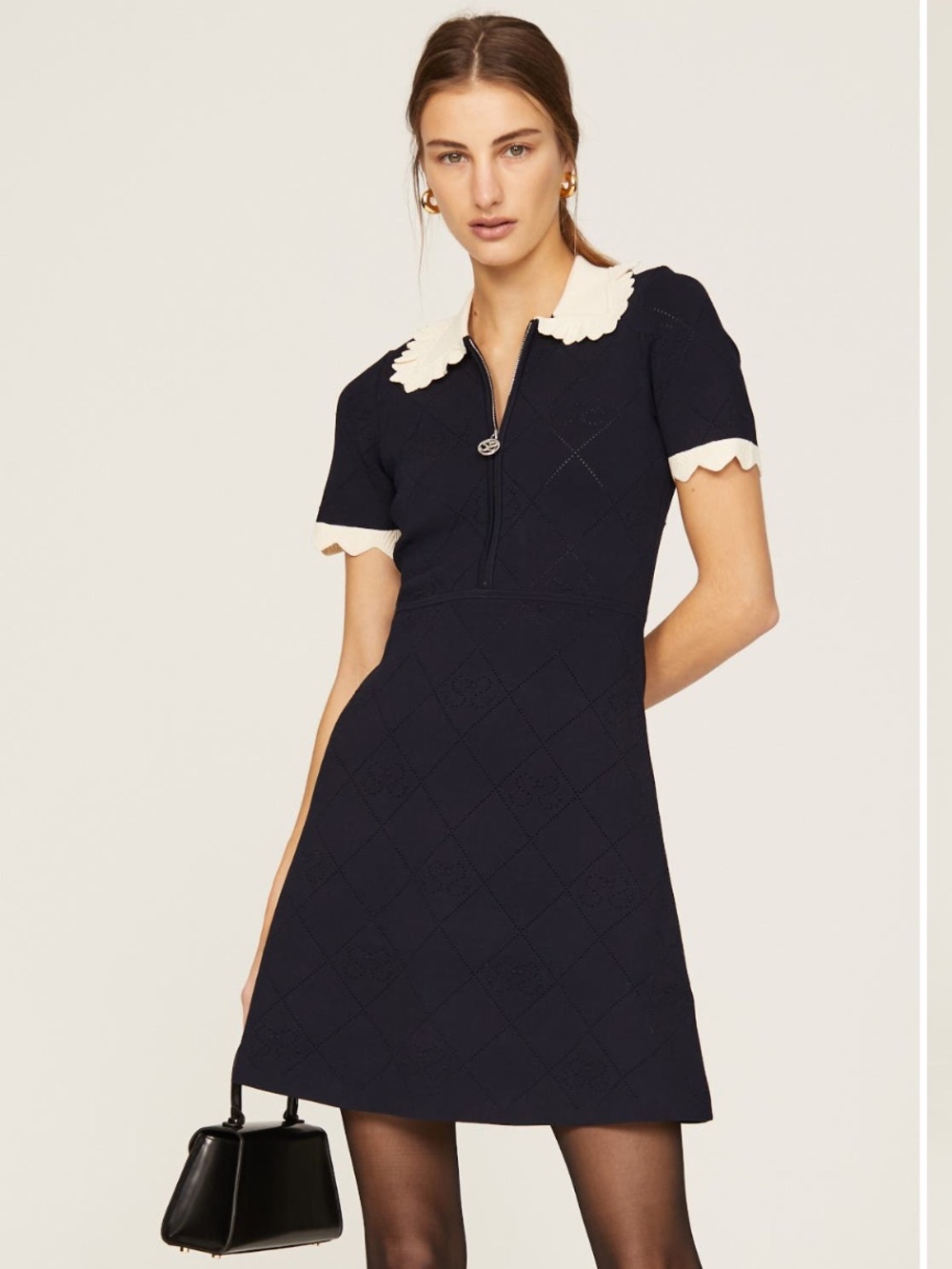 Sandro Navy Dress with Cream Collar Size 34